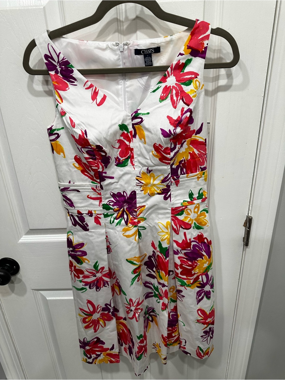 Chaps White Floral Midi Dress with Pink, Purple & Yellow Blooms